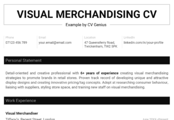 The first page of a black visual merchandising CV with the candidates contact information, personal statement, and work experience