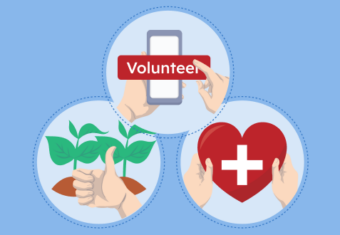 A featured image for the volunteer opportunities near me page depicting stylised designs representing types of volunteer activity: caring for the environment, safeguarding public health, and chatting to lonely people.
