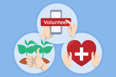 A featured image for the volunteer opportunities near me page depicting stylised designs representing types of volunteer activity: caring for the environment, safeguarding public health, and chatting to lonely people.