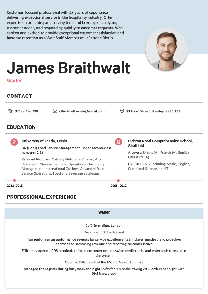 A CV with a picture on the right side of the header in a round frame