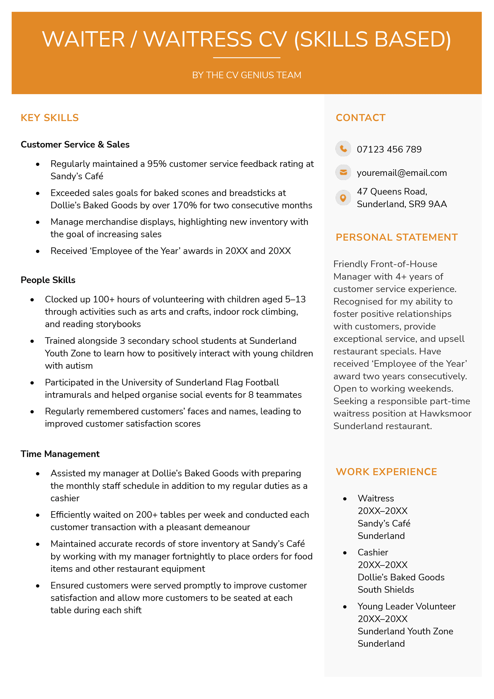 A skills-based waiter (waitress) CV example with an orange colour scheme and dual-column layout.
