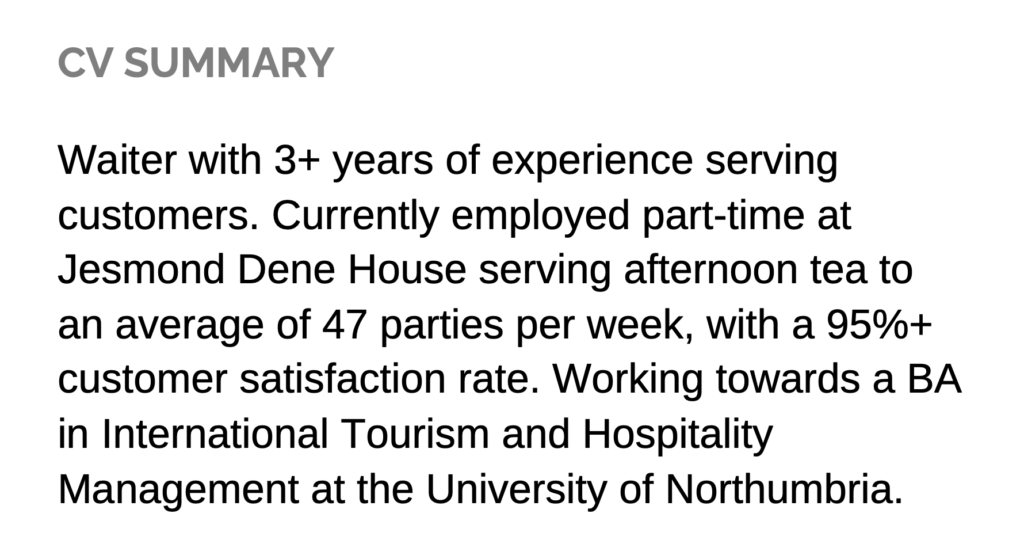 A CV summary for waiting staff with a bold grey title.