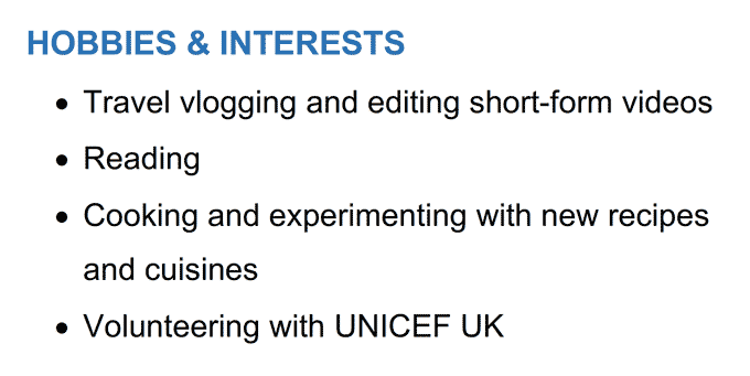 An example of a hobbies and interests section on a waitress CV that showcases their love of cooking, traveling, reading, and volunteering in 4 bullet points with a light blue section header.