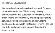Cv Personal Statement Examples For Waitress