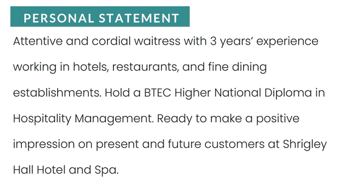 A waitress CV personal statement example
