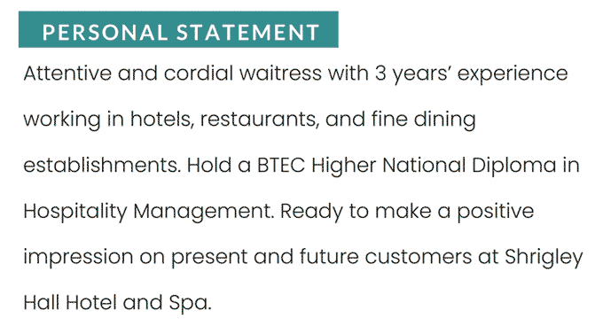 A waitress CV personal statement example with a green section header.