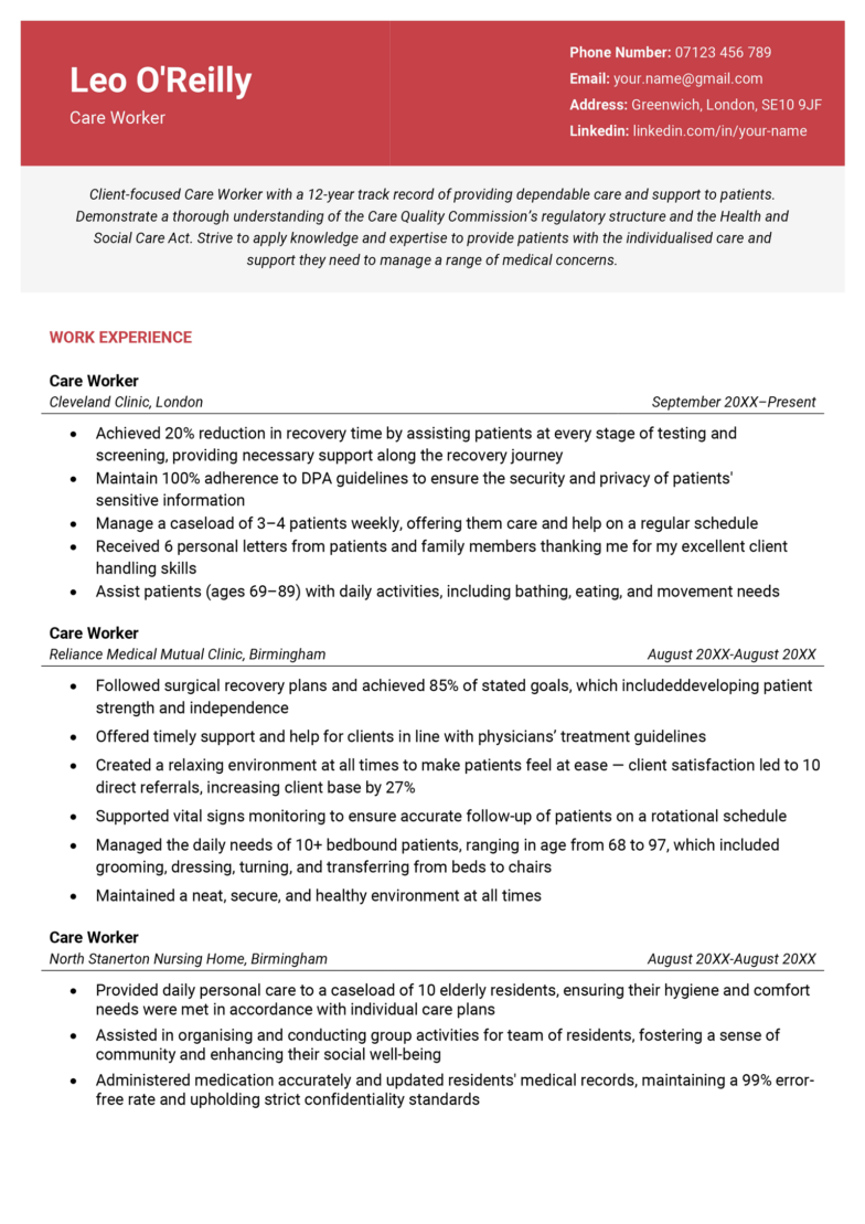 The Wakefield CV template in red.