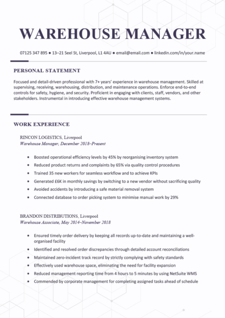 A warehouse manager CV example