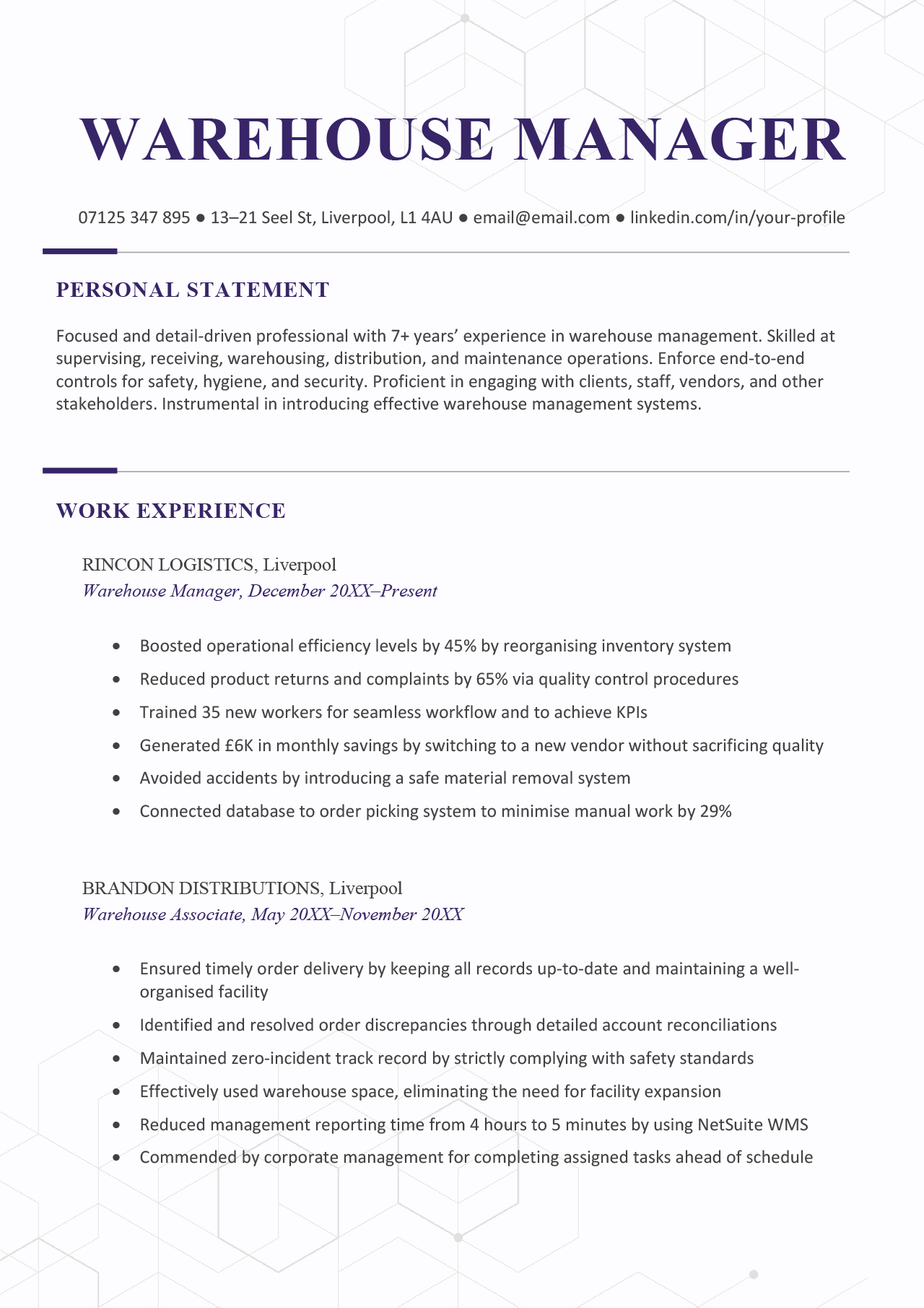 professional summary for resume warehouse