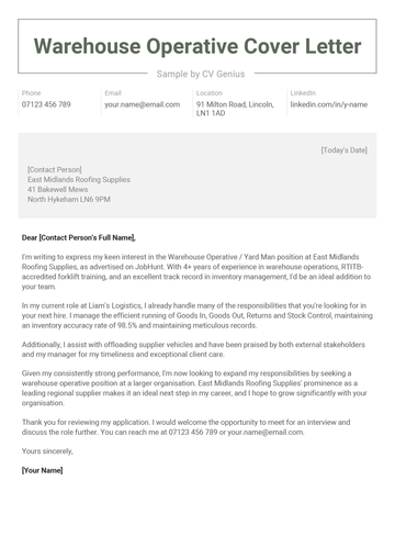 An example of a warehouse operative cover letter with a green geometric header and a few short paragraphs outlining the applicant's key qualifications.