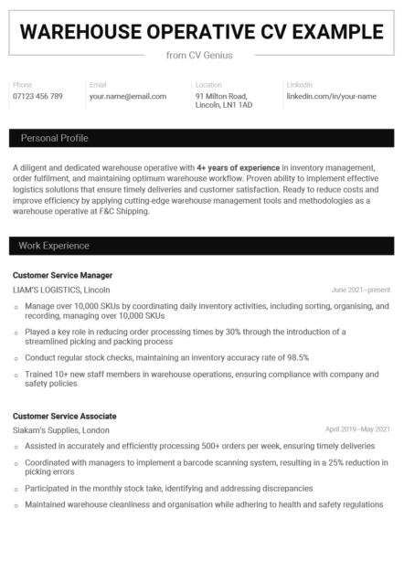 A warehouse operative CV example in a simple black template.