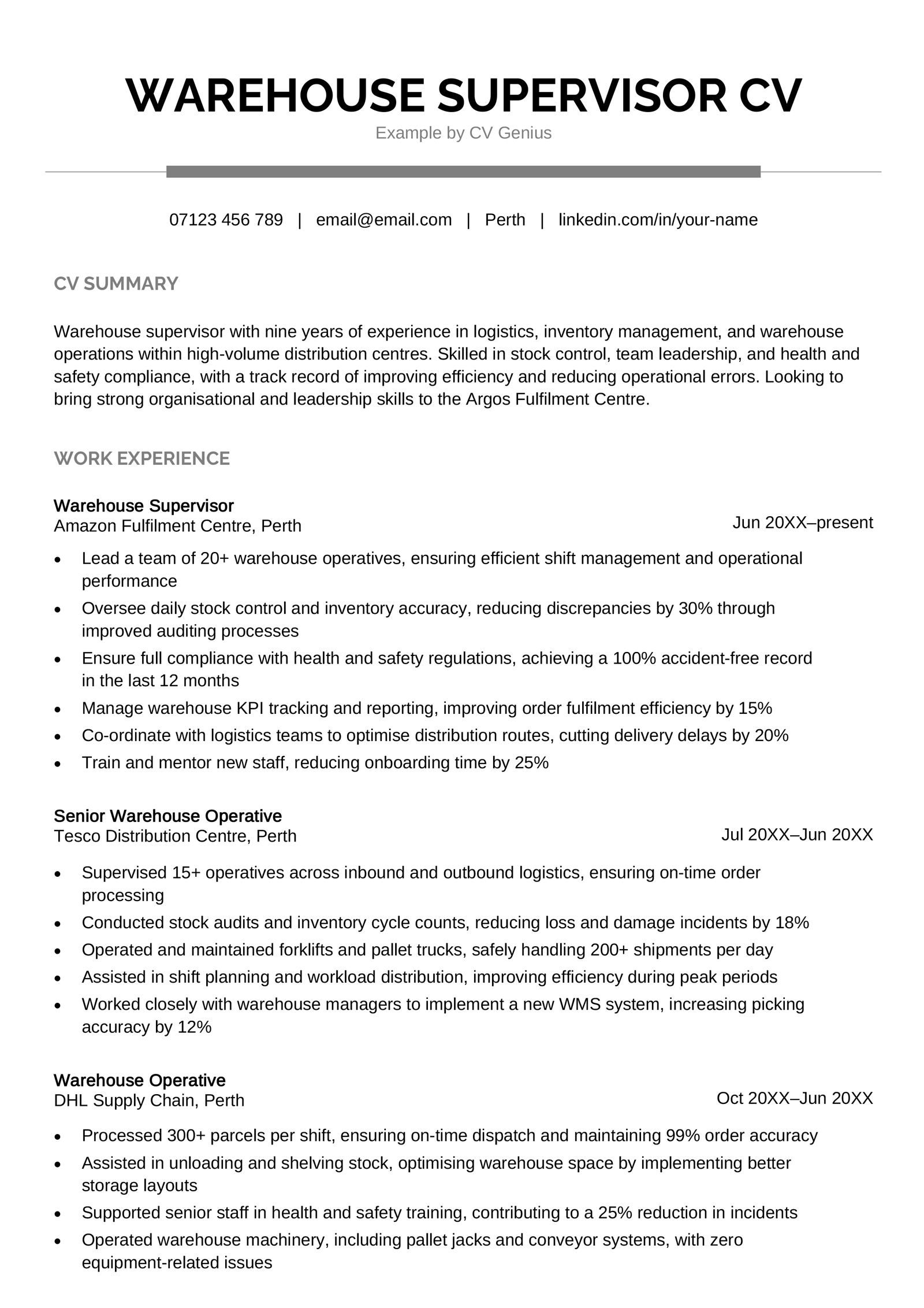 A warehouse supervisor CV example.