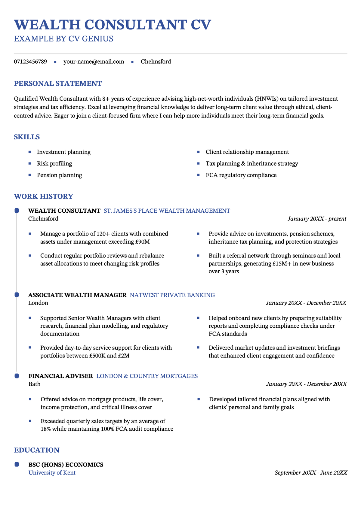 Wealth consultant CV example