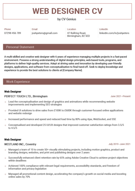 The first page of a web designer CV example with maroon headers and showing sections for the applicant's contact information, personal statement, and work experience
