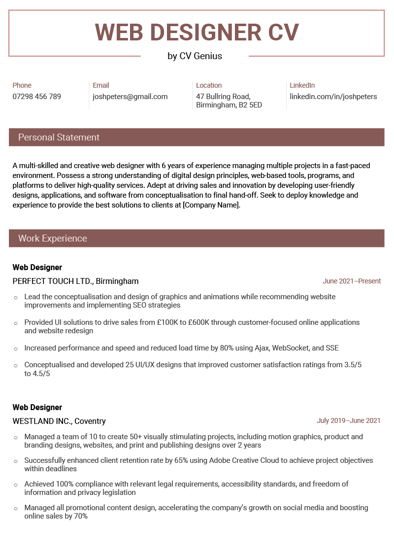 The first page of a web designer CV example with maroon headers and showing sections for the applicant's contact information, personal statement, and work experience