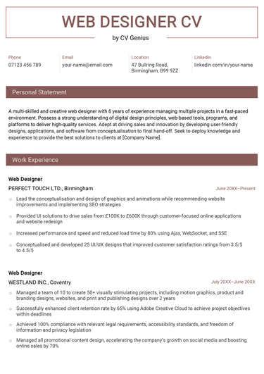 The first page of a web designer CV example with maroon headers and showing sections for the applicant's contact information, personal statement, and work experience