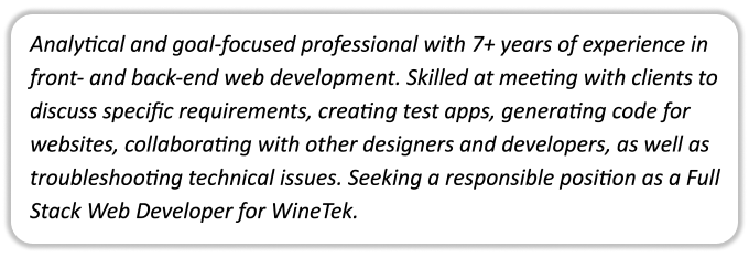 A web developer CV personal statement example written in black, italicised text on white paper.