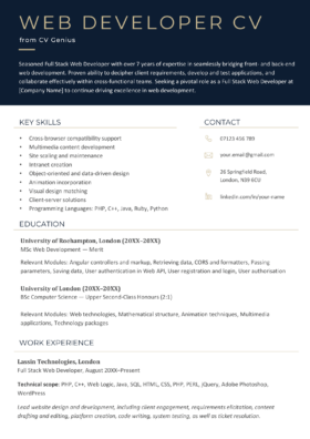 A web developer CV example in a blue and green template.