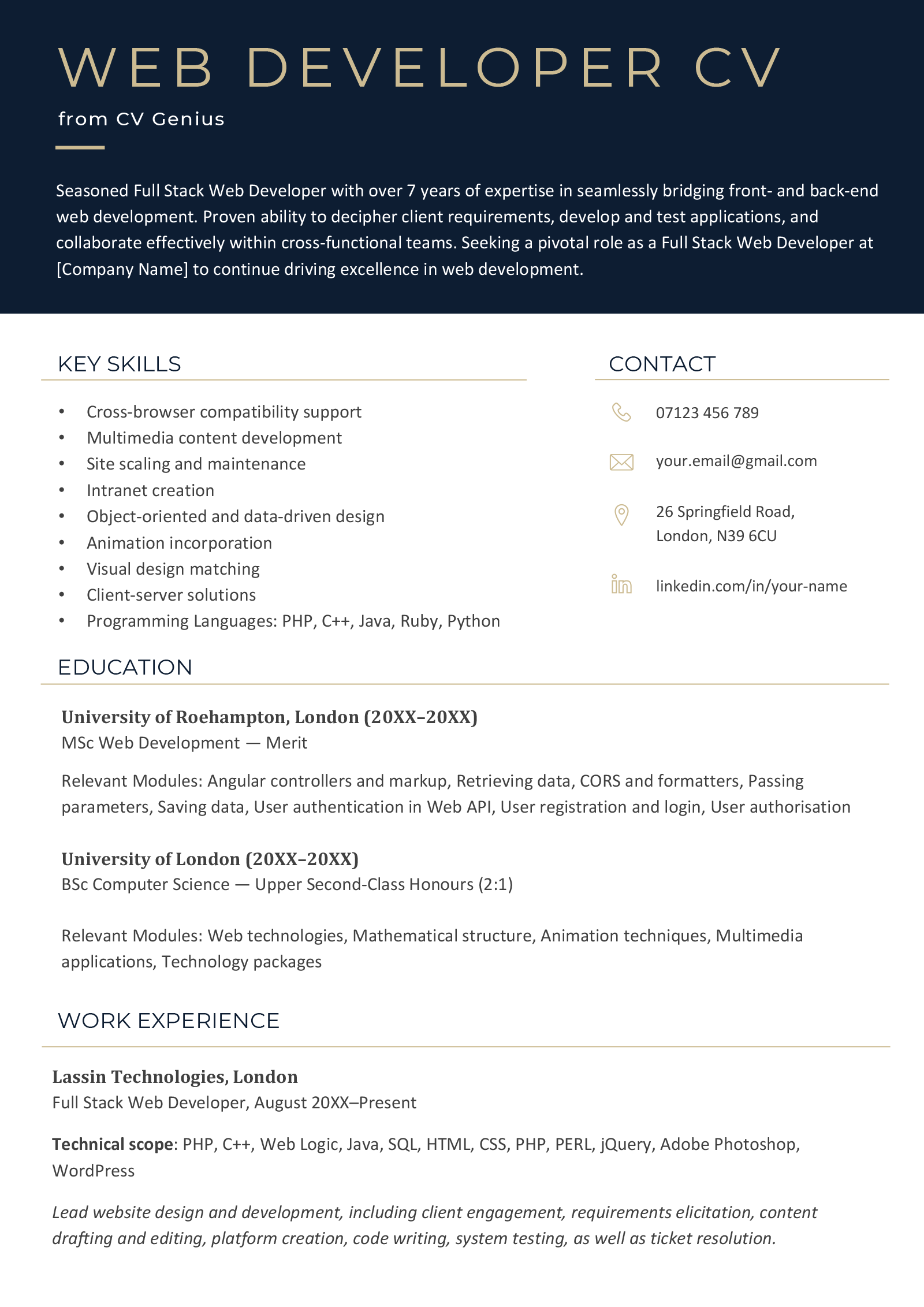 First page of a web developer CV example in a blue and green template.