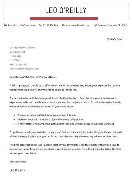 The Wells cover letter template in red.