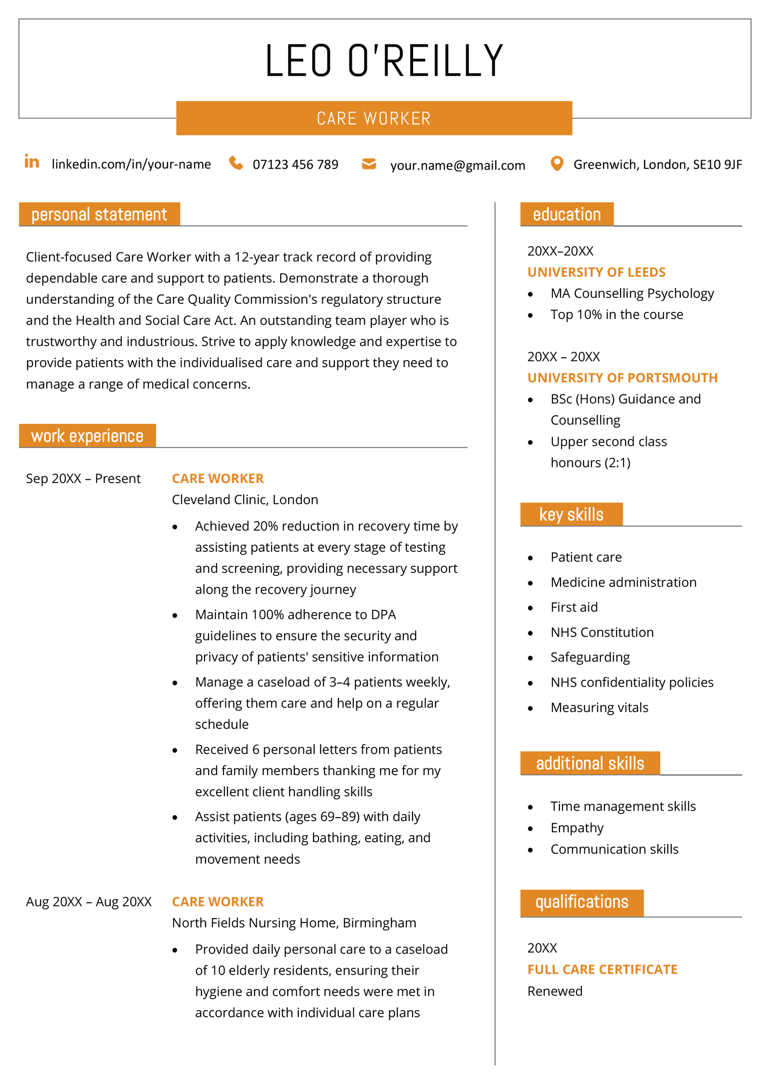 Page one of the Wells CV template in orange. The applicant's name is framed to make it stand out, and the rest of the CV template is perfect for experienced candidates because it provides space for both traditional education successes and job-specific qualifications. Additionally, it allows candidates to highlight their core skills as well as list extra skills relevant to the role.