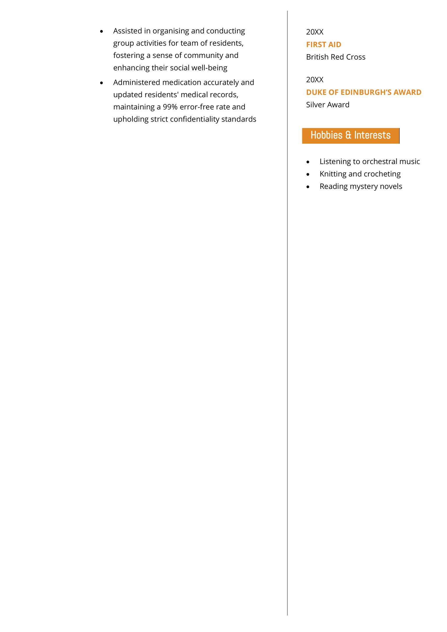 Page two of the Wells CV template in orange. Page two provides extra space for work history and role-specific qualifications (in addition to the space provided on page one) and has room for hobbies and interests