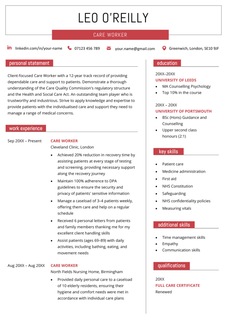 The Wells CV Template in red.