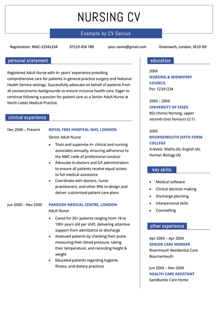 A nursing CV using the Wells CV template skin