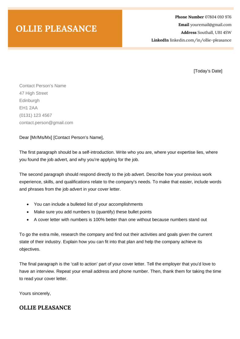 The Westminster cover letter template in orange.
