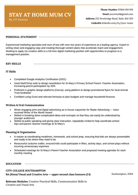 An example stay at home mum CV using the Westminster template.