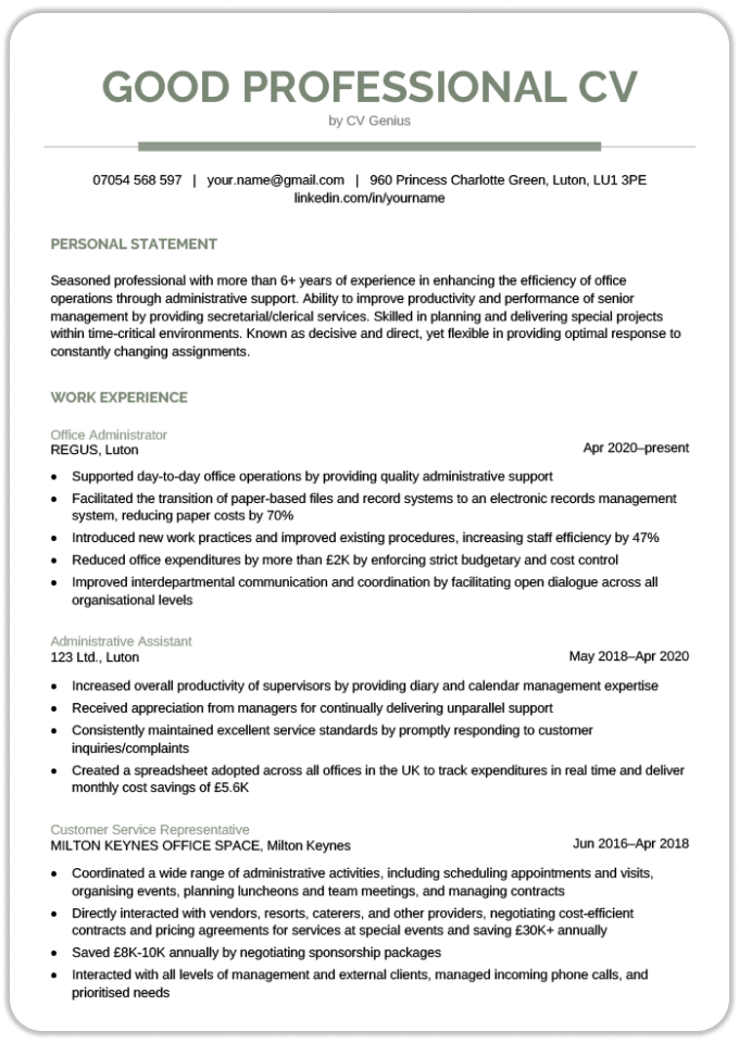 An example of what a professional CV should look like in a green CV template with a bold header and left-aligned sections in a single column.