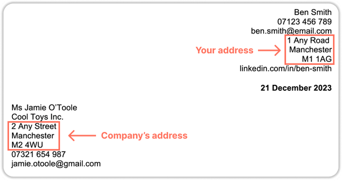 A cover letter header with the applicant's contact details and the date in a right-aligned list, and the contact person's contact information in a left-aligned list. The applicant and company addresses are labelled with orange text, arrows, and outlines.