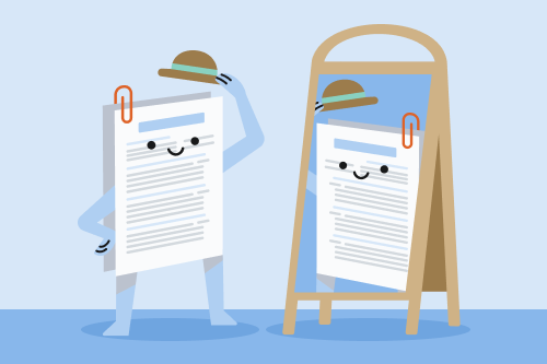 An anthropomorphised CV in looking at itself in a mirror to show that this article answers the question 'What does a good CV look like?'