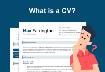 What Is a CV hero image, showing a cartoon man looking curiously at a CV example.