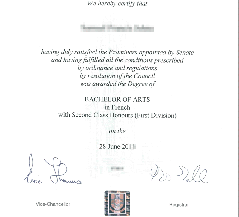 A university degree certificate showing the person awarded it gained upper second class honours.