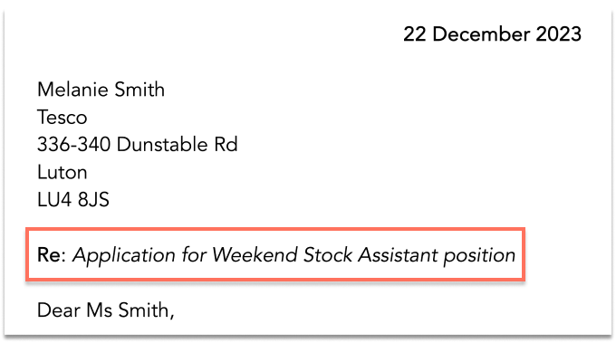 The top of a cover letter written in black, Avenir text. The subject line is highlighted by an orange box, the contact person's information is in a left-aligned list, and the date is right-aligned at the top.