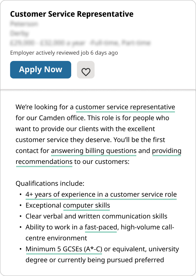 A job advert for a customer service representative role with underlined keywords in green