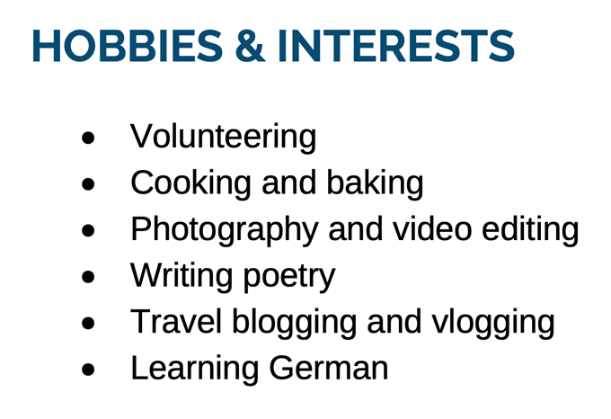 An example of what to include in a CV hobbies and interests section