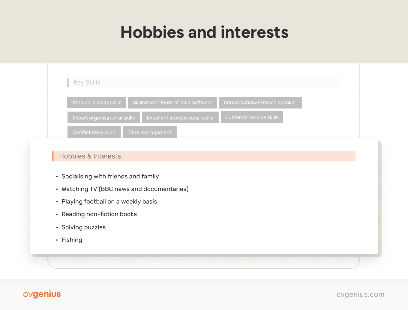 A hobbies and interests section of a CV illustrating how to include on your CV your hobbies.