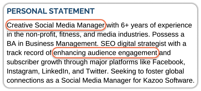 An example of what to put in a CV personal statement with keywords from the job advert outlined in orange