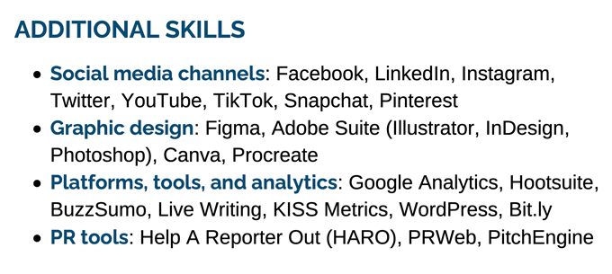The skills section is a perfect place to put keywords from the job advert that don't fit in the rest of your CV. An example of what to include in a CV skills section