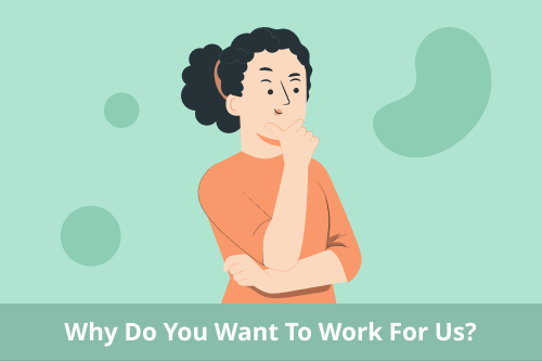 A cartoon image of a person in a green shirt with a thought bubble filled with gears to illustrate a blog post about the interview question 'Why do you want to work for us?'