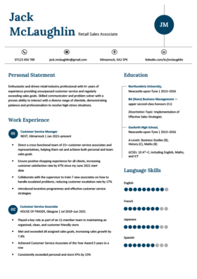 basic and simple cv template with a left-aligned blue header, contact details with icons, two columns for professional information, page 1