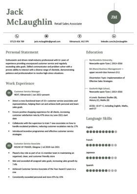 basic and simple cv template with a left-aligned green header, contact details with icons, two columns for professional information, page 1