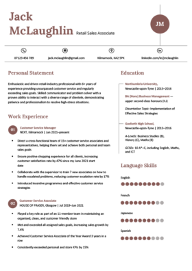 basic and simple cv template with a left-aligned maroon header, contact details with icons, two columns for professional information, page 1