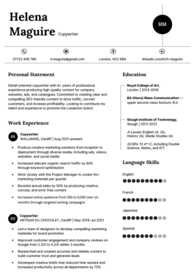 The Windermere CV Template, displaying the work experience, creative skills, and qualifications of a copywriter in a geometric black-and-white design.
