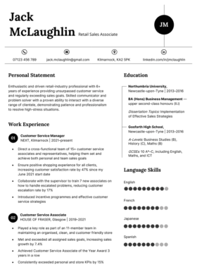 The Windermere CV template with a black and white colour scheme. The applicant's initials appear in a black circle on the right side of the header, and contact information is centered at the bottom of the header under corresponding icons. The personal statement and work experience are in a column on the left side of the page, and the education and skills sections are in a column on the right side.