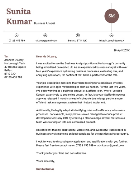 The Windermere cover letter template in maroon.