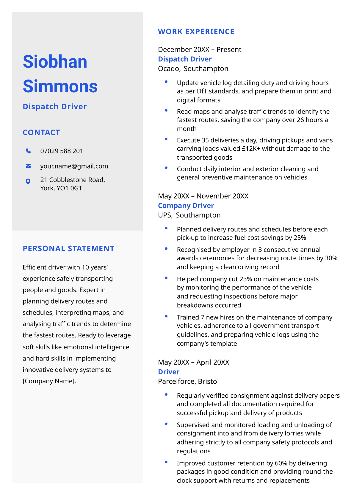 Page one of the Worcester CV template in a navy blue colour scheme. The template uses a three-tone background to make the document stand out. Dark grey is used for the CV header and contact details, light grey is used for the personal statement, and milk white is used for the work history section.