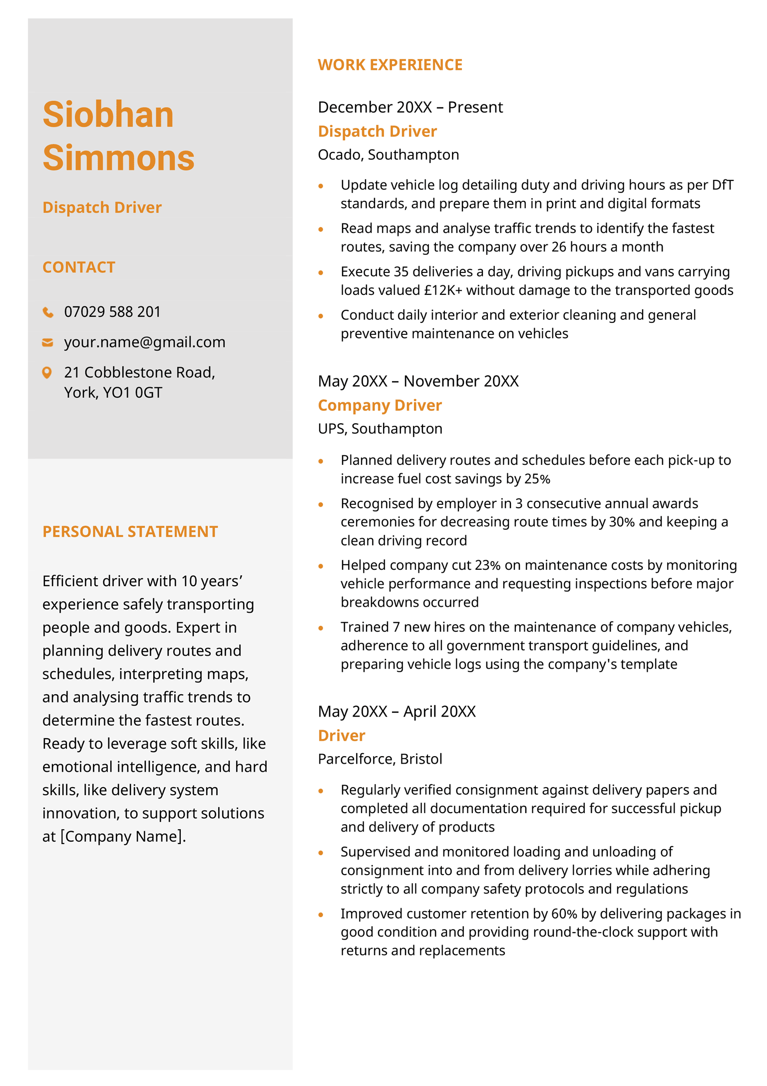 The Worcester CV template in orange.